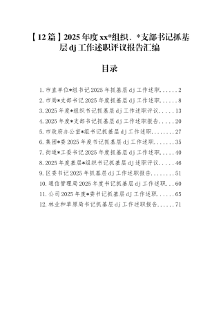 2025年度党组织、支部书记抓基层党建工作述职评议报告汇编（12篇）