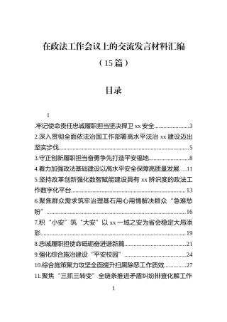 在政法工作会议上的交流发言材料汇编（15篇）