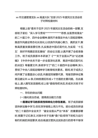 市交通管理支队党党高速大队支部2025年度民主生活会班子对照检查材料
