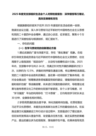 2025年度支部组织生活会个人对照检查报告：深学细悟笃行理论，真改实做锤炼党性