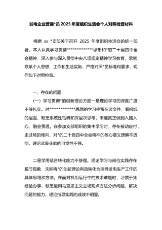 发电企业普通党员2025年度组织生活会个人对照检查材料