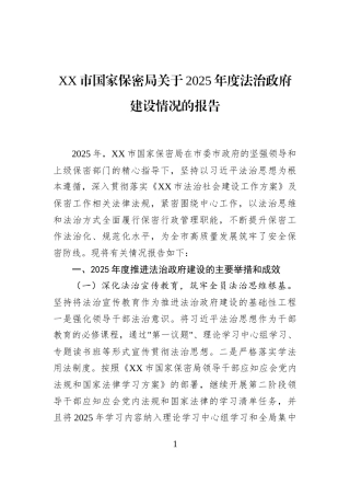 XX市国家保密局关于2025年度法治政府建设情况的报告