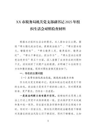 XX市税务局机关党支部副书记2025年组织生活会对照检查材料