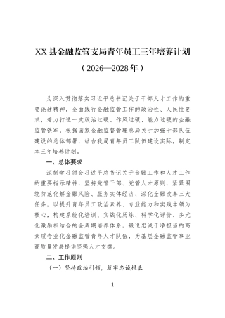 XX县金融监管支局青年员工三年培养计划（2026—2028年）