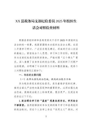 XX县税务局支部纪检委员2025年组织生活会对照检查材料