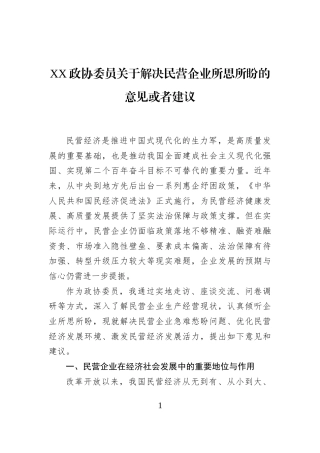 XX政协委员关于解决民营企业所思所盼的意见或者建议