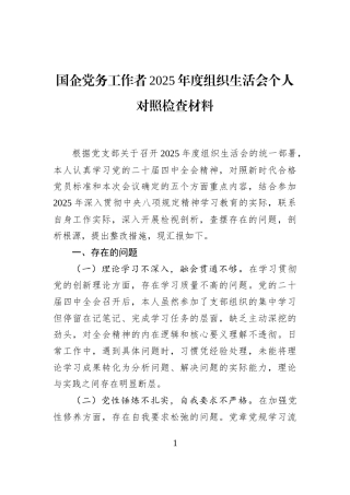 国企党务工作者2025年度组织生活会个人对照检查材料