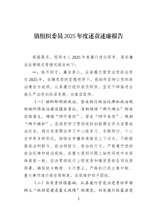 镇组织委员2025年度述责述廉报告