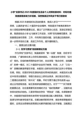 小学支部书记2025年度组织生活会个人对照检查材料：对标对表找差距精准发力补短板，深挖根源正作风实干笃行担使命