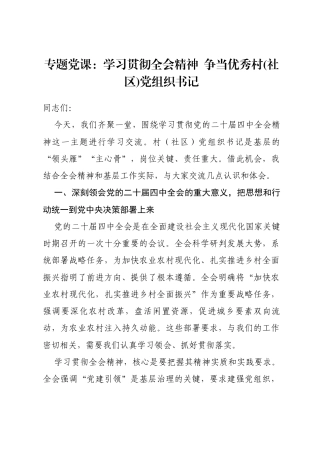 专题党课：学习贯彻全会精神 争当优秀村(社区)党组织书记