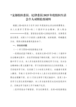 支部组织委员、纪律委员2025年度组织生活会个人对照检查材料