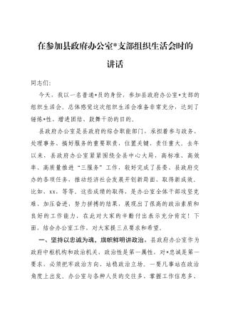 在参加县政府办公室支部组织生活会时的讲话