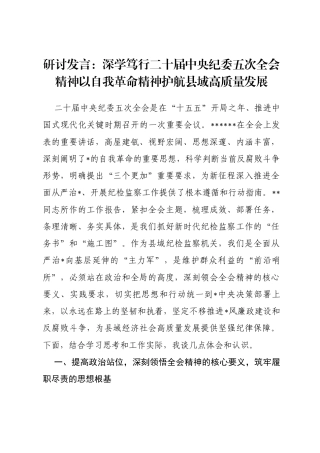 研讨发言：深学笃行二十届中央纪委五次全会精神以自我革命精神护航县域高质量发展