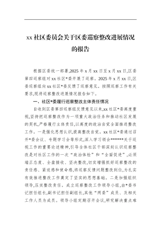 社区委员会关于区委巡察整改进展情况的报告