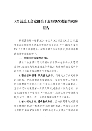 XX县总工会党组关于巡察整改进展情况的报告