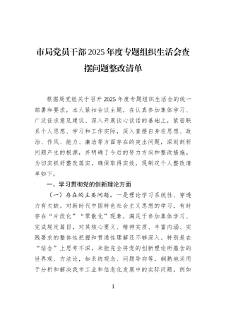 市局党员干部2025年度专题组织生活会查摆问题整改清单