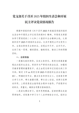党支部关于召开2025年组织生活会和开展民主评议党员情况报告
