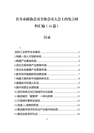 在全市政协会议全体会议大会上的发言材料汇编（16篇）