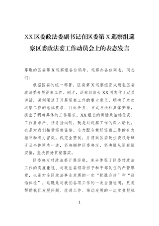 XX区委政法委副书记在区委第X巡察组巡察区委政法委工作动员会上的表态发言