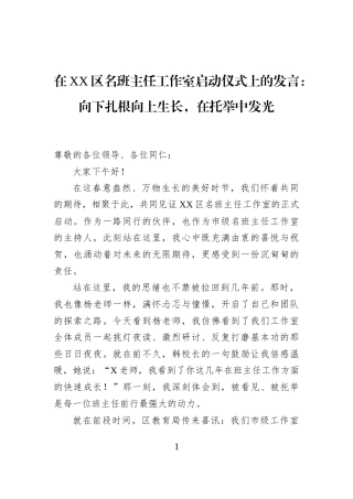 在XX区名班主任工作室启动仪式上的发言：向下扎根向上生长，在托举中发光