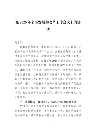 在2026年全市发展和改革工作会议上的讲话