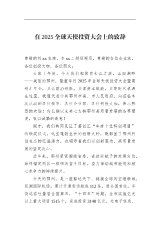 在2025全球天使投资大会上的致辞