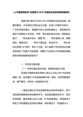 市税务局机关支部班子2025年组织生活会对照检查材料