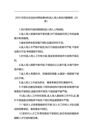 2025年民主生活会对照检查材料选人用人相关问题集锦（25条）