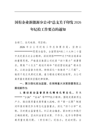 国有企业新能源分公司总支关于印发2026年纪检工作要点的通知