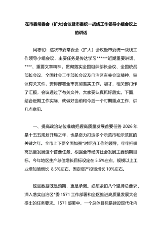 在市委常委会（扩大)会议暨市委统一战线工作领导小组会议上的讲话
