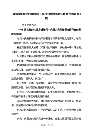 政绩观偏差主要问题清单（班子对照检查四大方面16个问题160条）