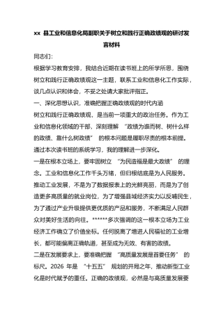 县工业和信息化局副职关于树立和践行正确政绩观的研讨发言材料