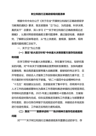 树立和践行正确政绩观问题清单