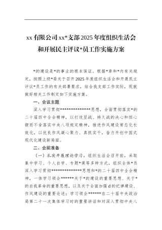 有限公司支部2025年度组织生活会和开展民主评议党员工作实施方案