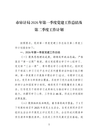 市审计局2026年第一季度党建工作总结及第二季度工作计划