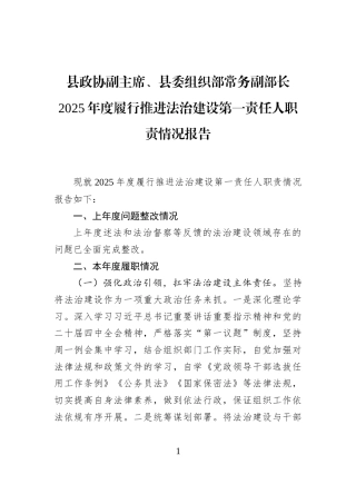 县政协副主席、县委组织部常务副部长2025年度履行推进法治建设第一责任人职责情况报告