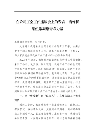 在公司工会工作座谈会上的发言：当好桥梁纽带凝聚青春力量
