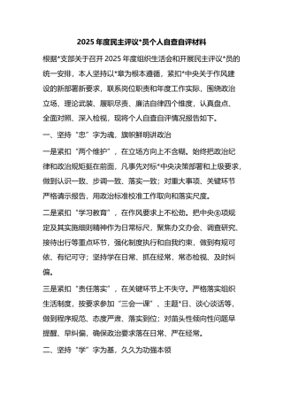 2025年度民主评议党员个人自查自评材料