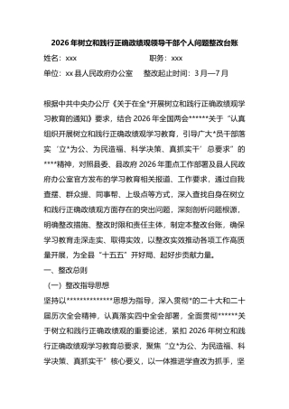 2026年树立和践行正确政绩观领导干部个人问题整改台账