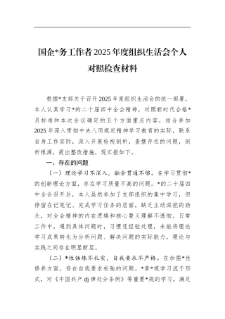 国企党务工作者2025年度组织生活会个人对照检查材料