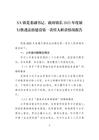 XX镇党委副书记、政府镇长2025年度履行推进法治建设第一责任人职责情况报告