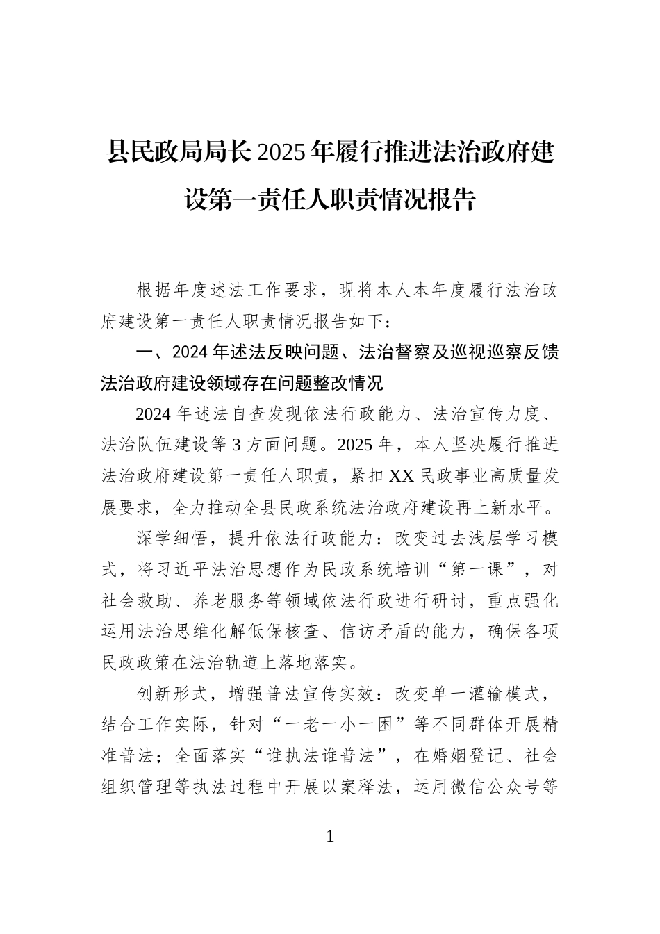 县民政局局长2025年履行推进法治政府建设第一责任人职责情况报告_第1页
