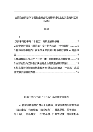 主要负责同志学习贯彻最新会议精神研讨班上的发言材料汇编（6篇）