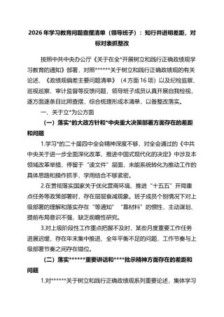 2026年学习教育问题查摆清单（领导班子）：知行并进明差距，对标对表抓整改