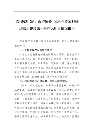 政府镇长2025年度履行推进法治建设第一责任人职责情况报告