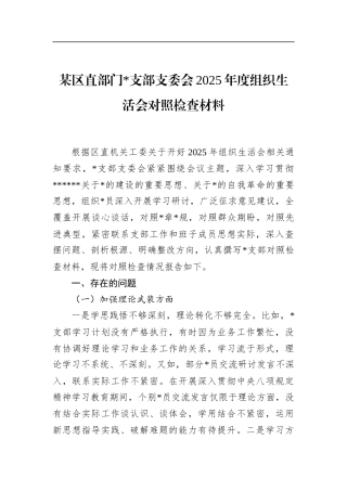 区直部门支部支委会2025年度组织生活会对照检查材料