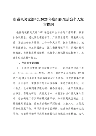 街道机关支部党员2025年度组织生活会个人发言提纲