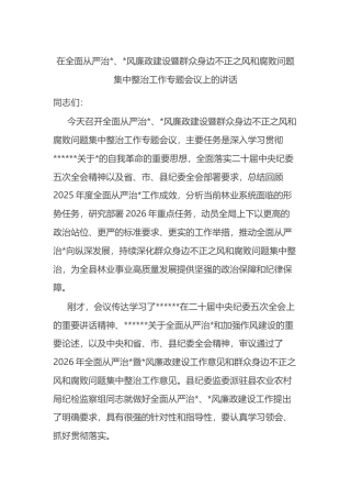 在全面从严治党、党风廉政建设暨群众身边不正之风和腐败问题集中整治工作专题会议上的讲话