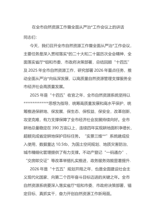 在全市自然资源工作暨全面从严治党工作会议上的讲话