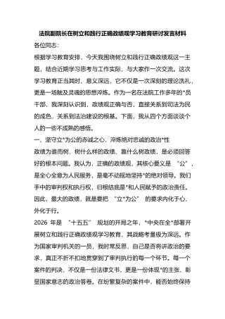 法院副院长在树立和践行正确政绩观学习教育研讨发言材料